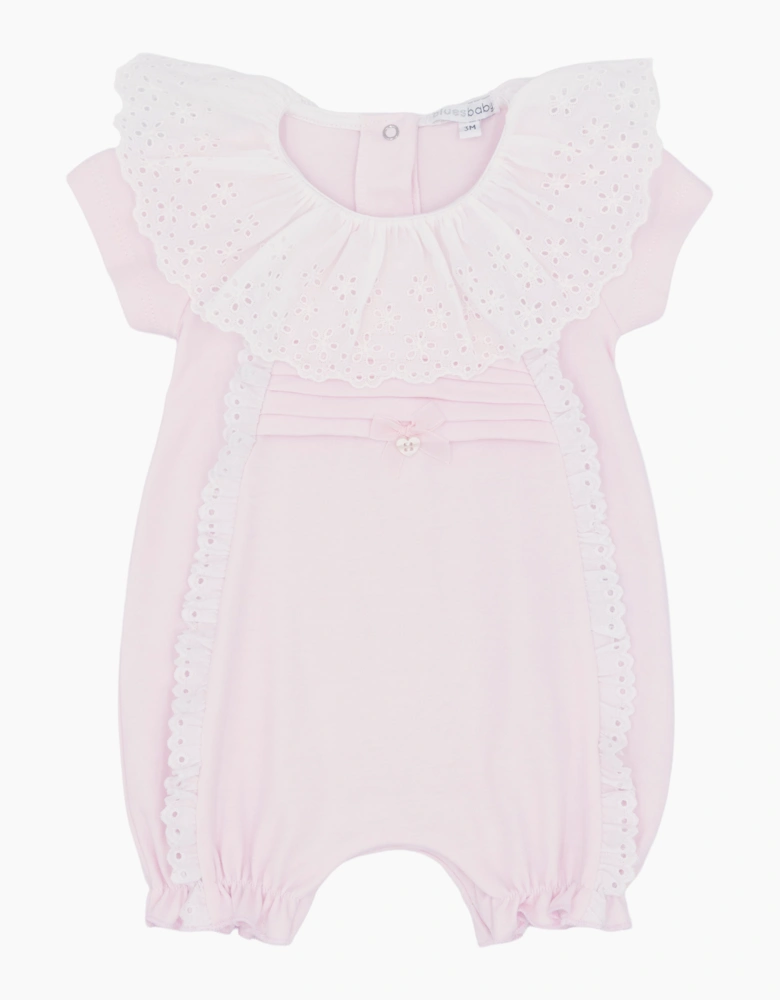 Girls Pale Pink Broderie Jersey Romper