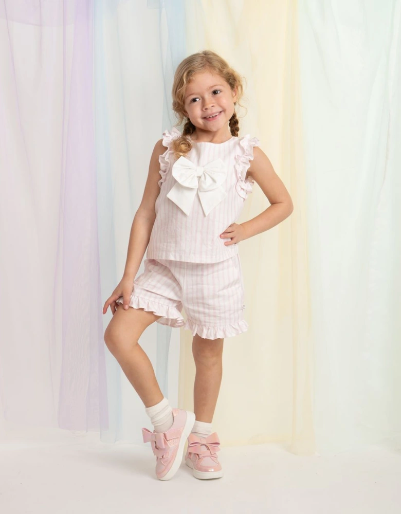Girls Pale Pink Striped Bow Short Set