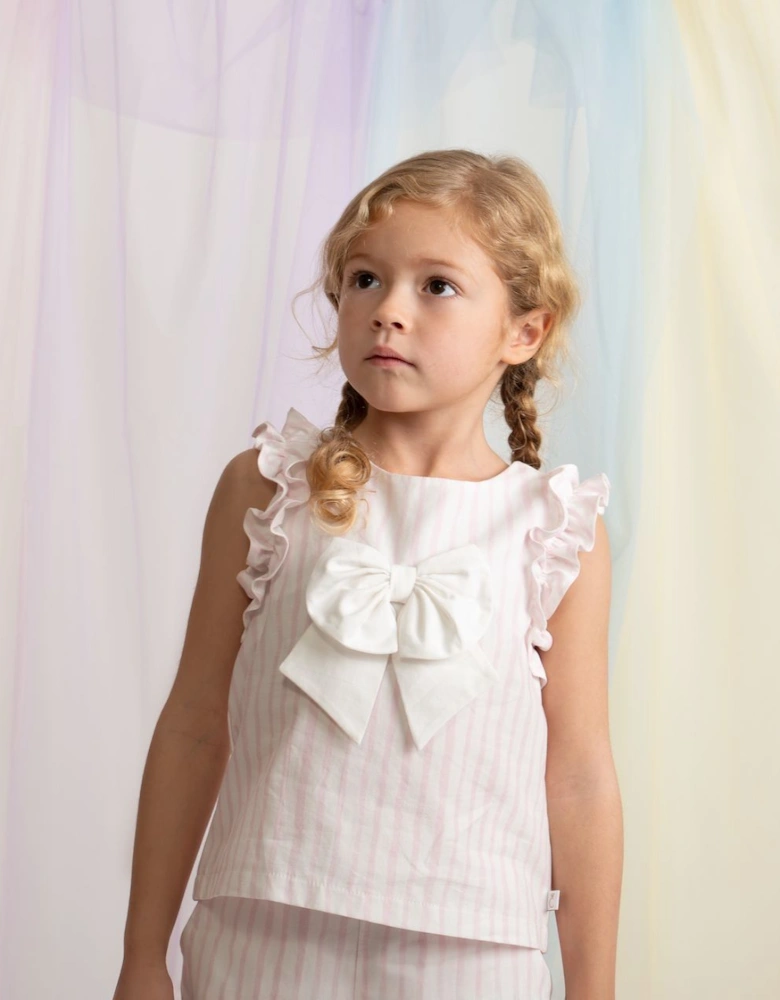 Girls Pale Pink Striped Bow Short Set