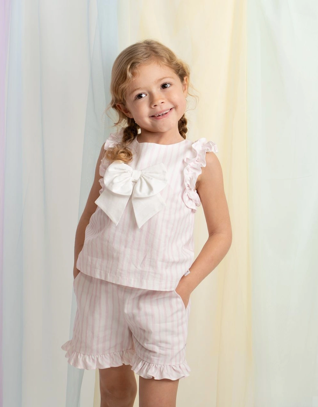 Girls Pale Pink Striped Bow Short Set