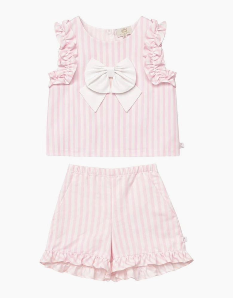 Girls Pale Pink Striped Bow Short Set