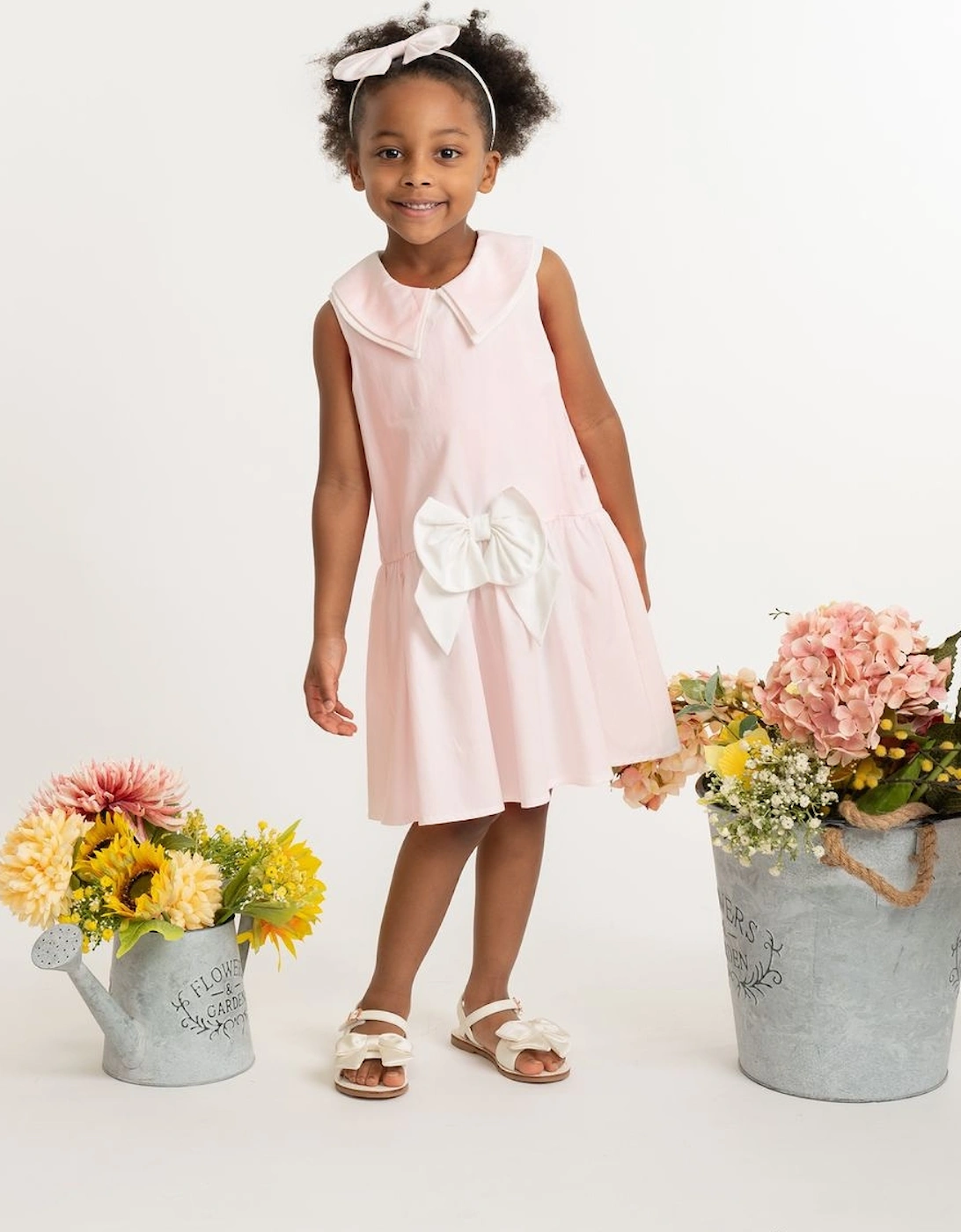 Girls Pale Pink Woven Sailor Collared Dress and Hairband