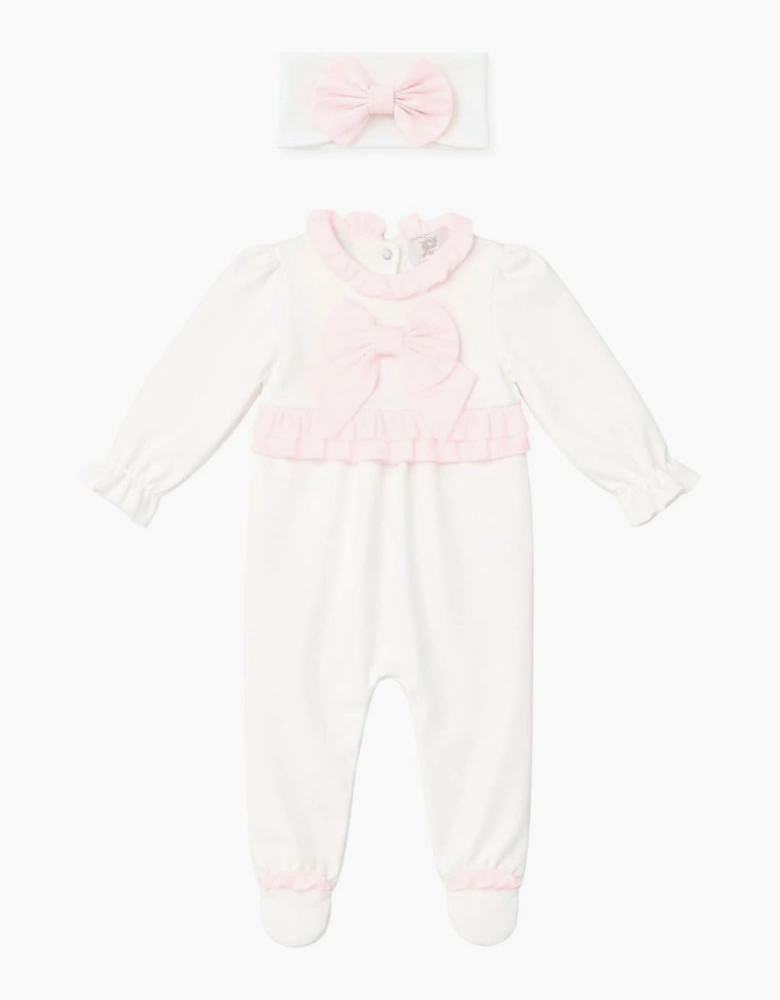 Girls Pale Pink White Cotton Babygrow and Headband