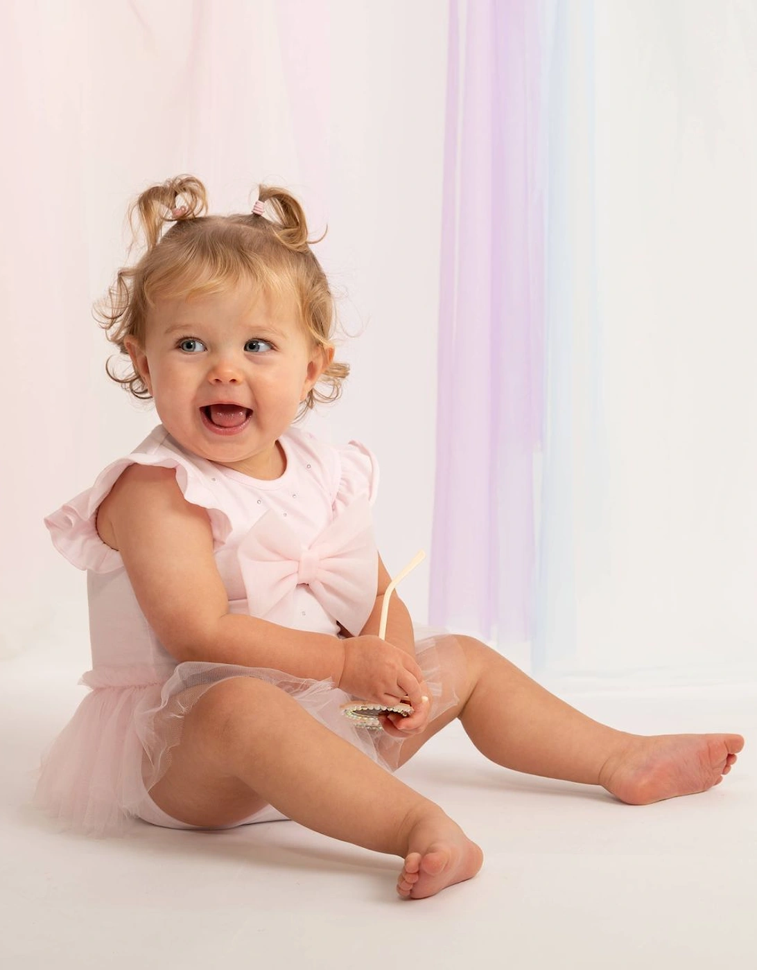Girls Pale Pink Stretch Jersey Tulle Bow Romper, 4 of 3