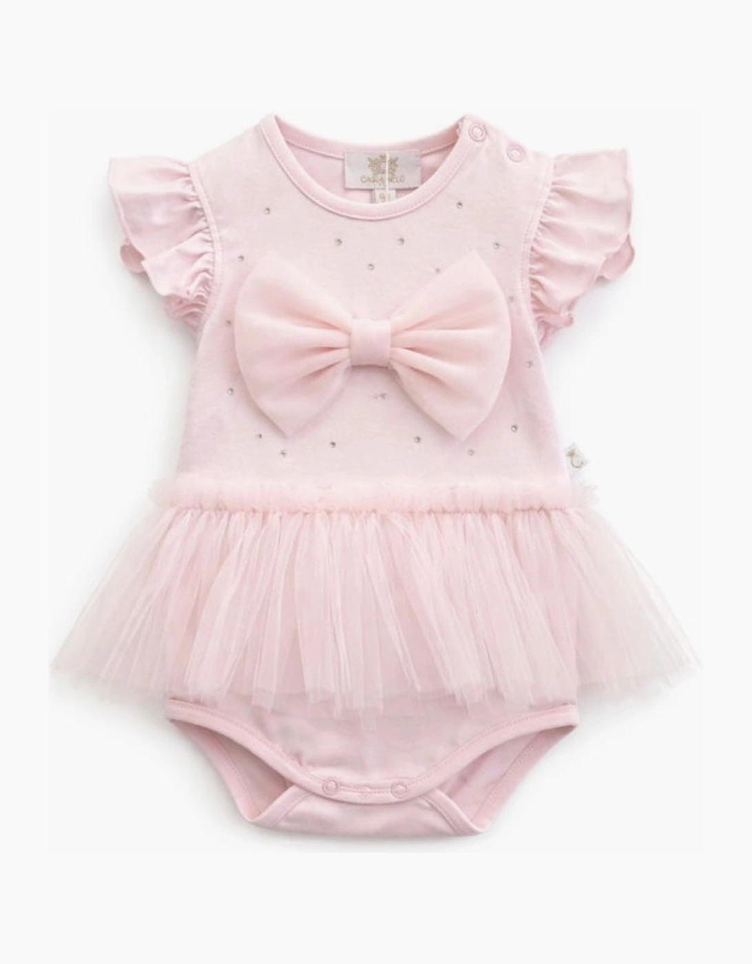 Girls Pale Pink Stretch Jersey Tulle Bow Romper