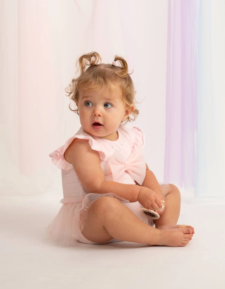Girls Pale Pink Stretch Jersey Tulle Bow Romper