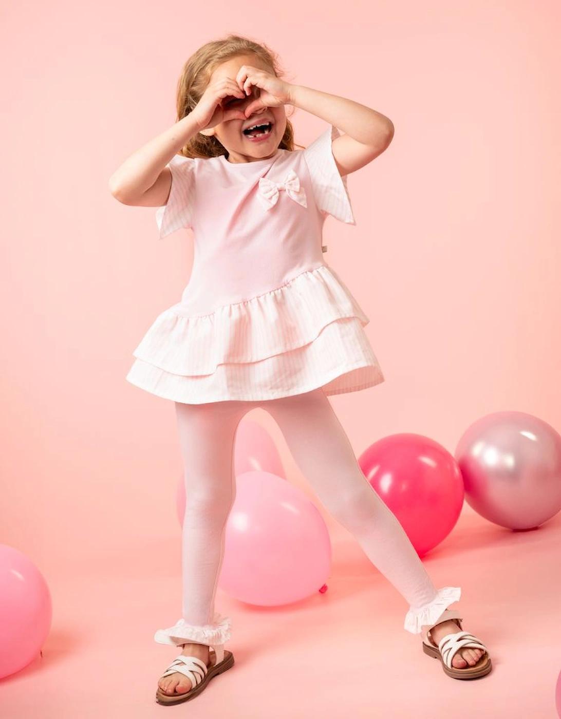 Girls Pale Pink Stretch Jersey Striped Legging Set