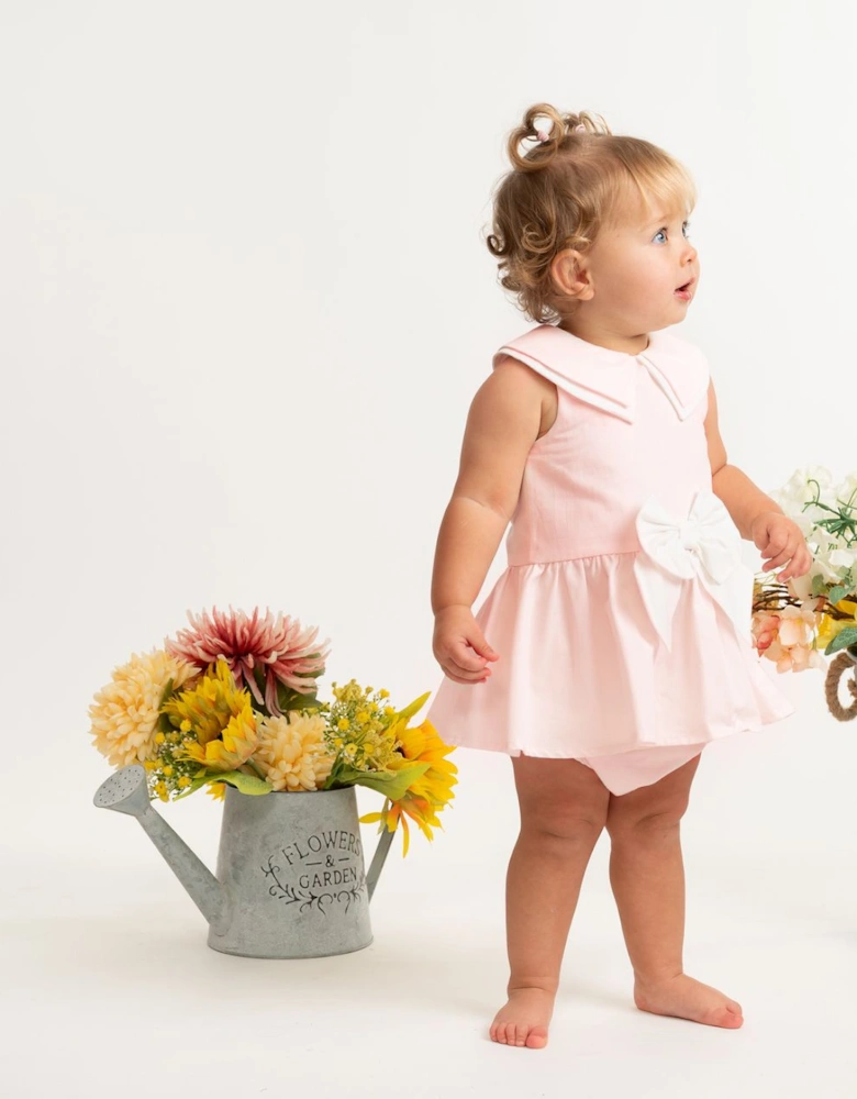 Girls Pale Pink Woven Sailor Collared Romper