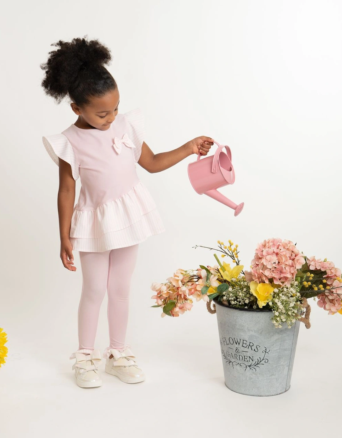 Girls Pale Pink Stretch Jersey Striped Legging Set