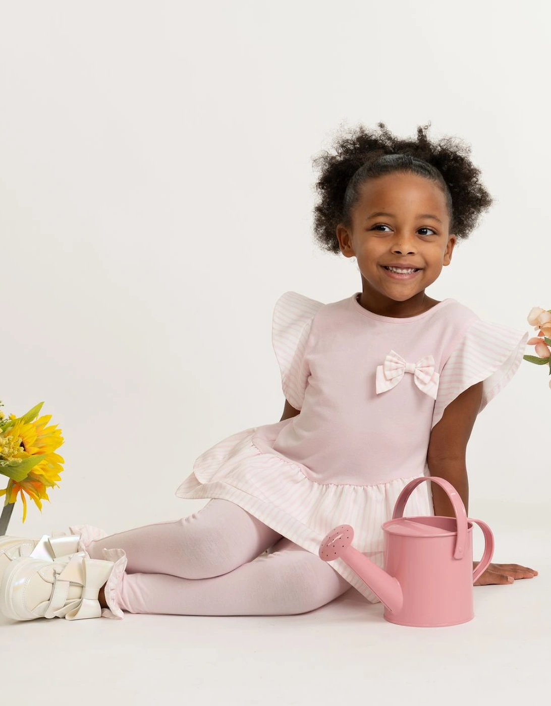 Girls Pale Pink Stretch Jersey Striped Legging Set