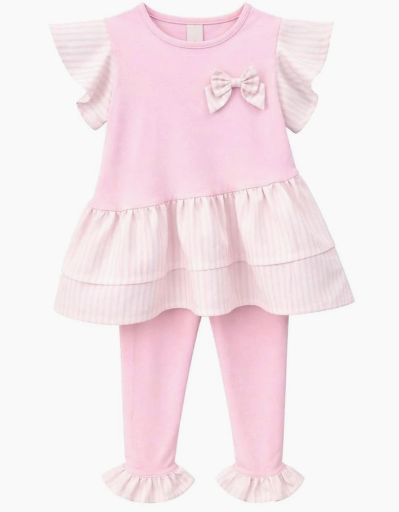 Girls Pale Pink Stretch Jersey Striped Legging Set
