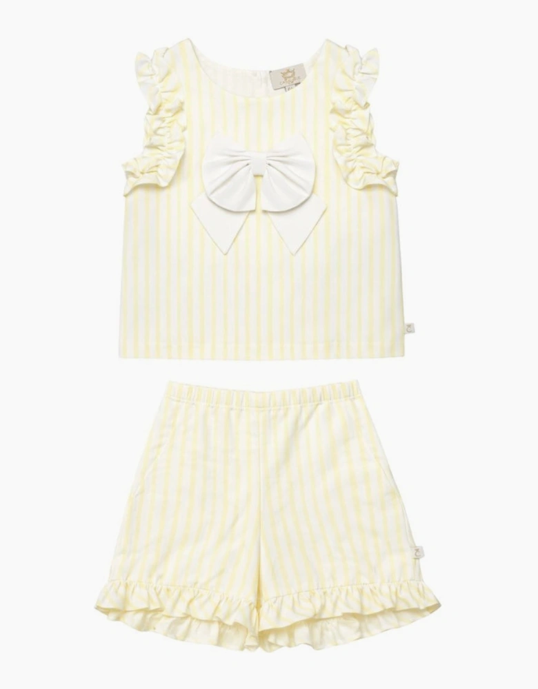 Girls Yellow Lemon Striped Bow Short Set