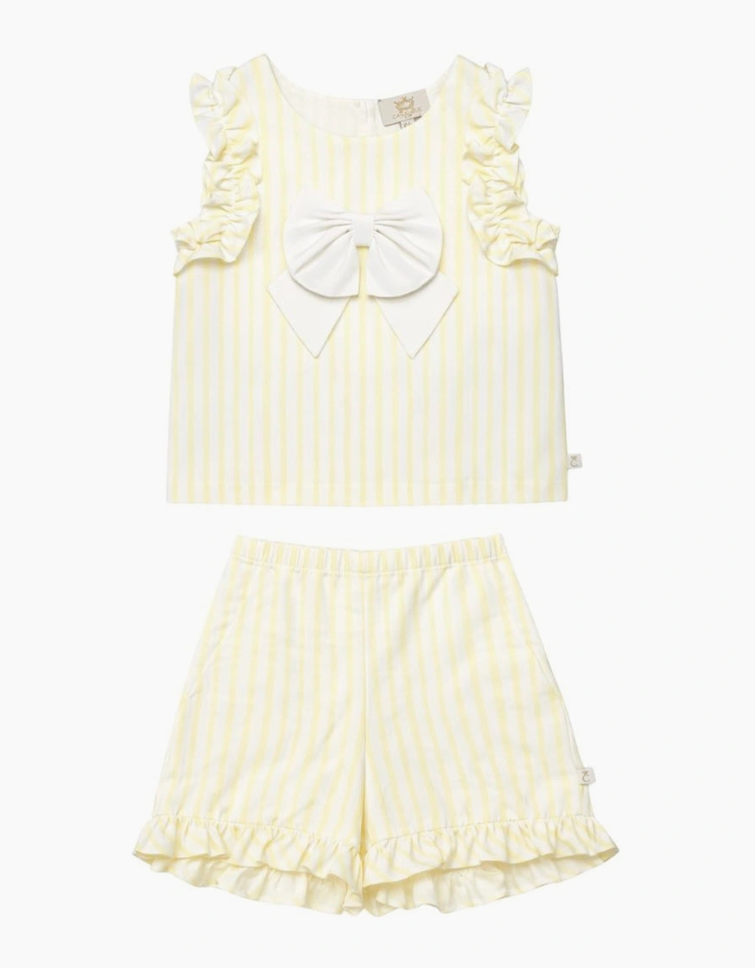 Girls Yellow Lemon Striped Bow Short Set, 5 of 4