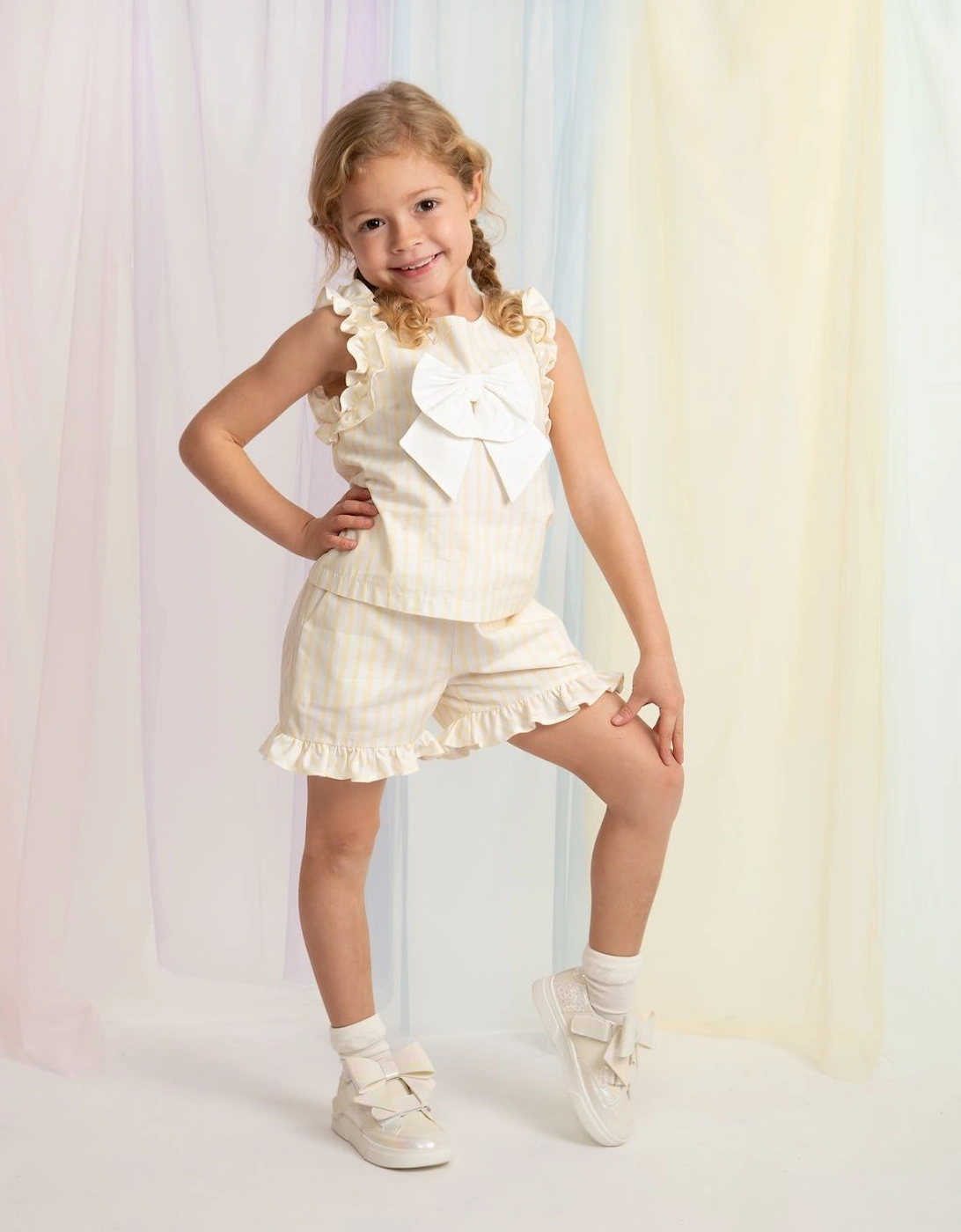 Girls Yellow Lemon Striped Bow Short Set