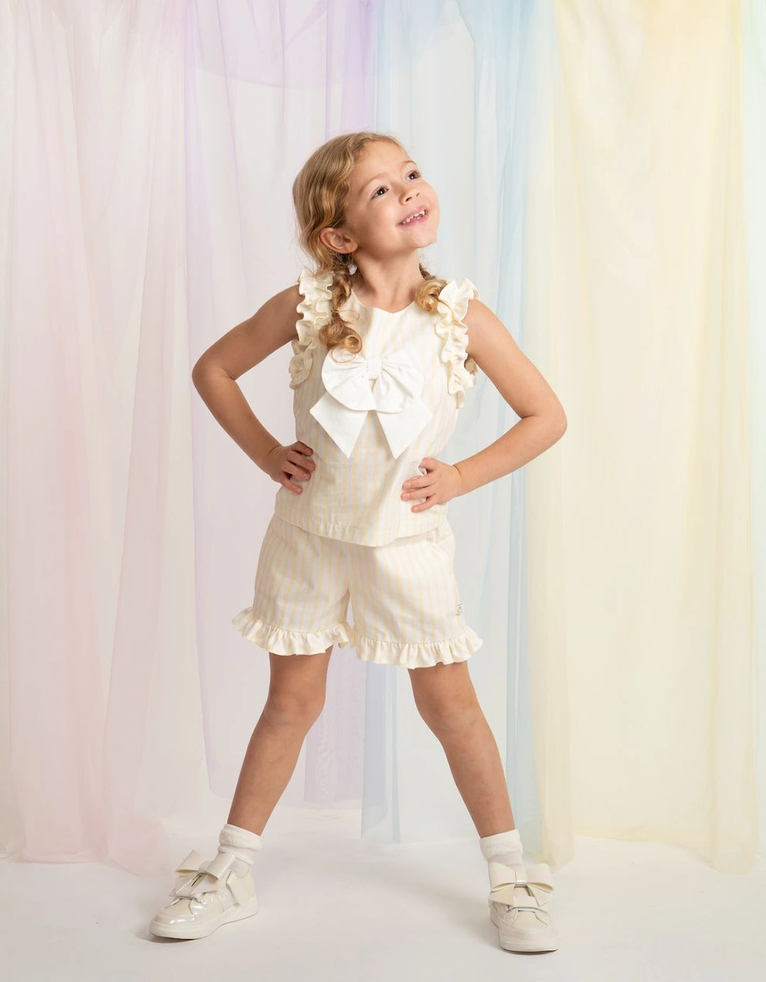 Girls Yellow Lemon Striped Bow Short Set