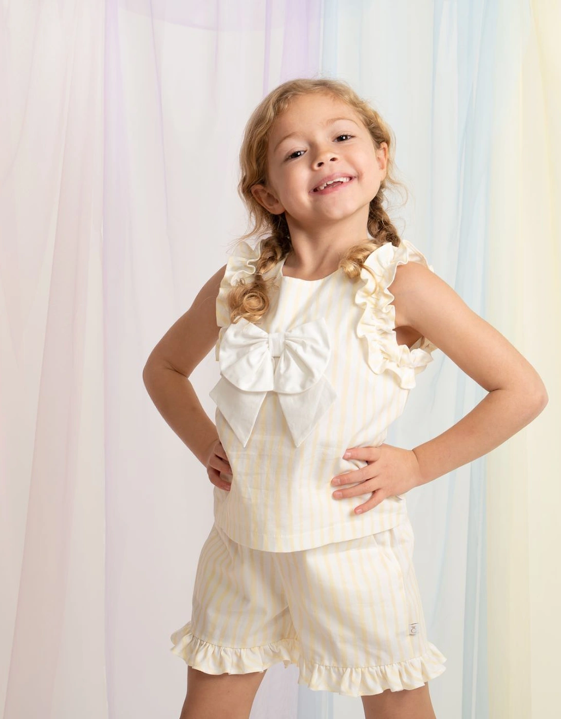 Girls Yellow Lemon Striped Bow Short Set