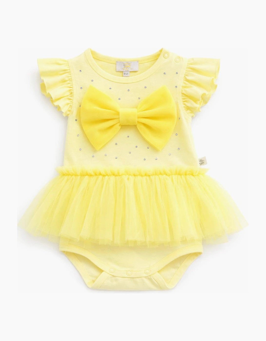 Girls Yellow Lemon Stretch Jersey Tulle Bow Romper, 2 of 1