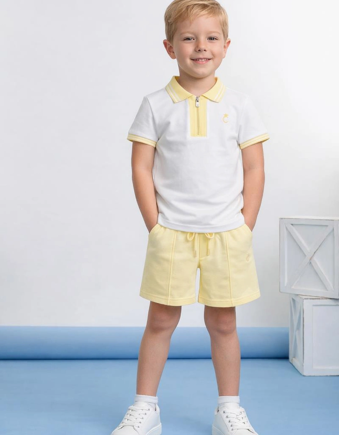 Boys Yellow Lemon Zip Up Polo Short Set