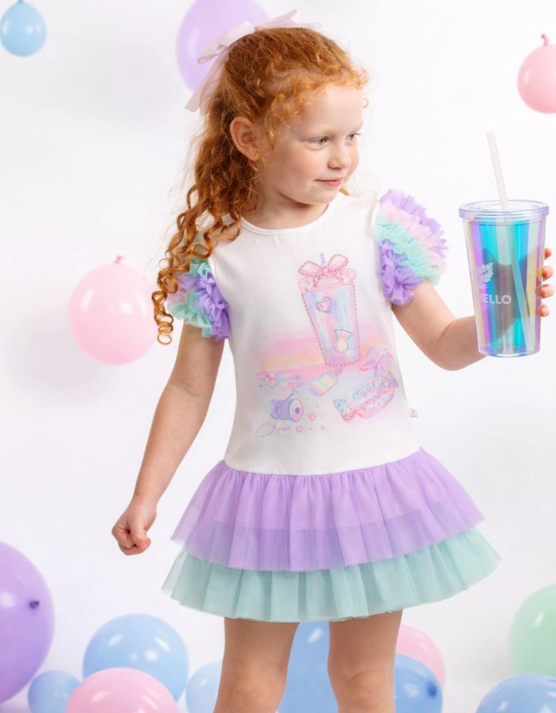 Girls Stretch Jersey Multicoloured Tulle Dress and Tumbler