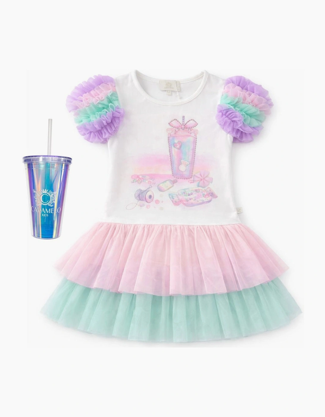 Girls Stretch Jersey Multicoloured Tulle Dress and Tumbler, 4 of 3