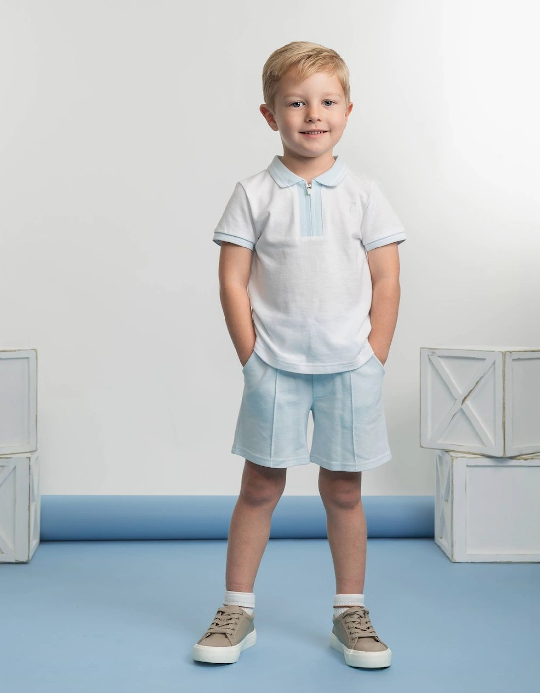 Boys Pale Blue Zip Up Polo Short Set