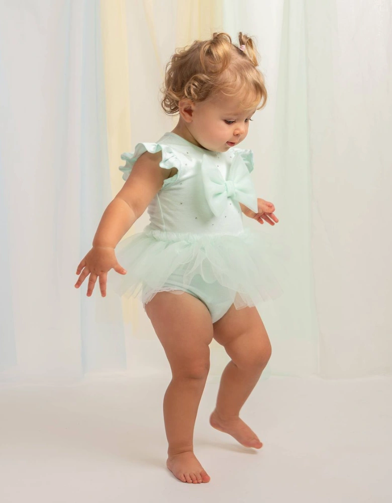 Girls Mint Green Stretch Jersey Tulle Bow Romper