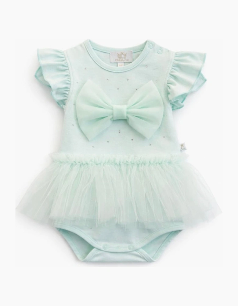 Girls Mint Green Stretch Jersey Tulle Bow Romper