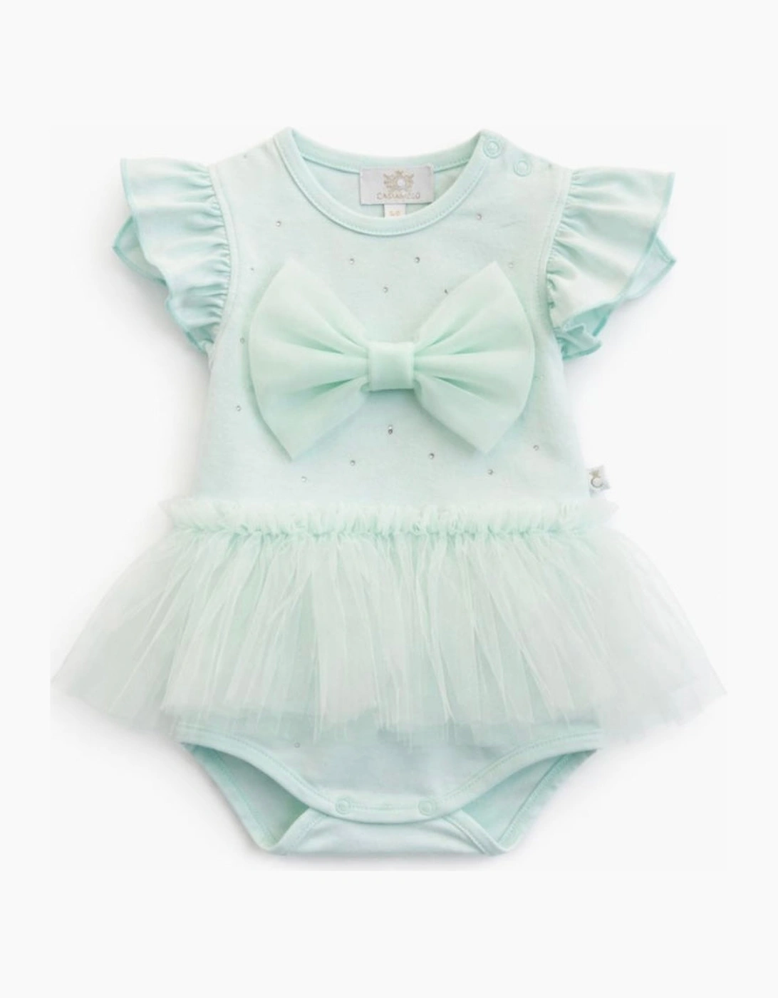 Girls Mint Green Stretch Jersey Tulle Bow Romper