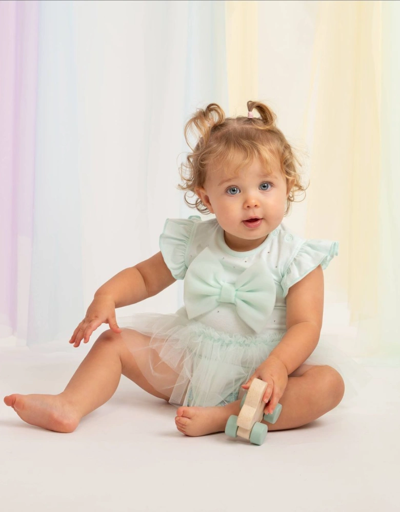 Girls Mint Green Stretch Jersey Tulle Bow Romper