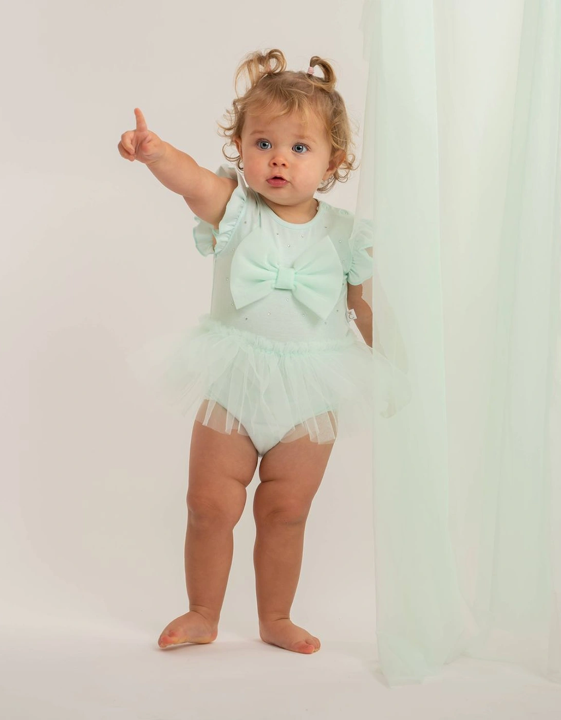 Girls Mint Green Stretch Jersey Tulle Bow Romper