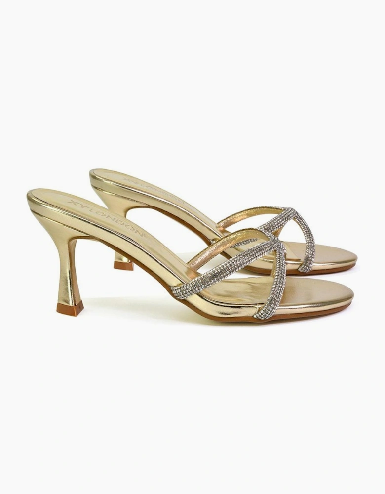 Womens/Ladies Abby Metallic Diamante Strappy Stiletto Heel Mules