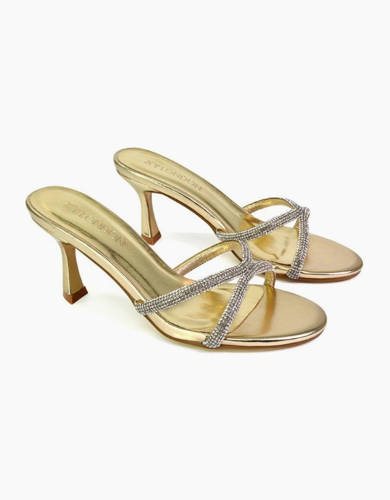 Womens/Ladies Abby Metallic Diamante Strappy Stiletto Heel Mules