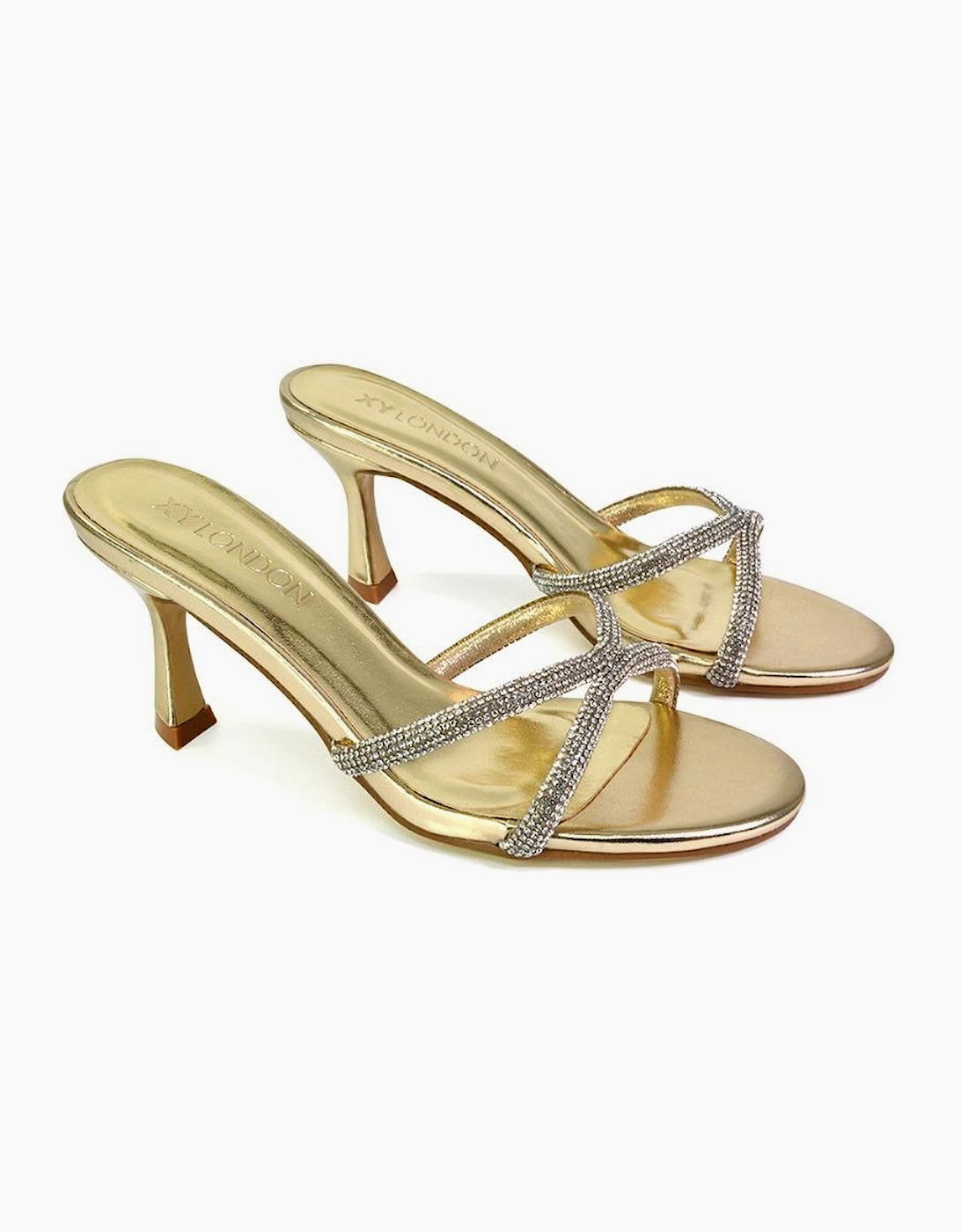 Womens/Ladies Abby Metallic Diamante Strappy Stiletto Heel Mules