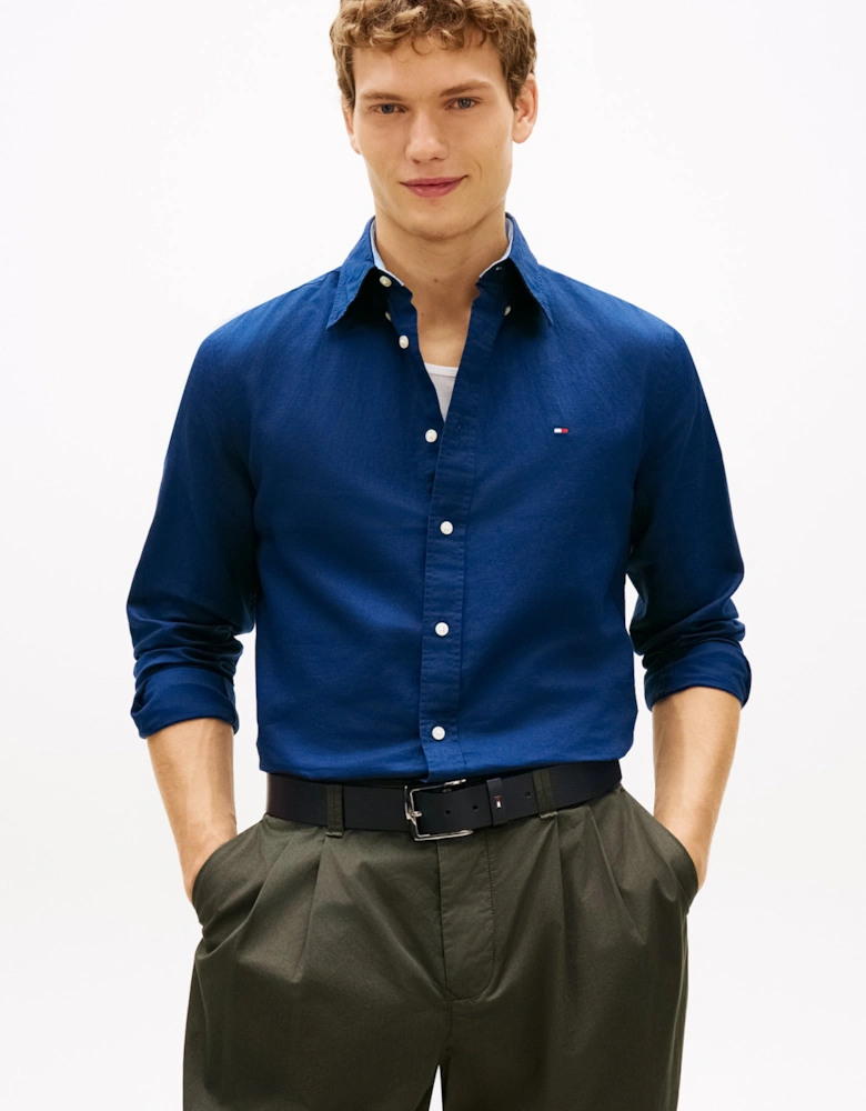 Linen Blend Solid Mens Long Sleeve Shirt - Carbon Navy