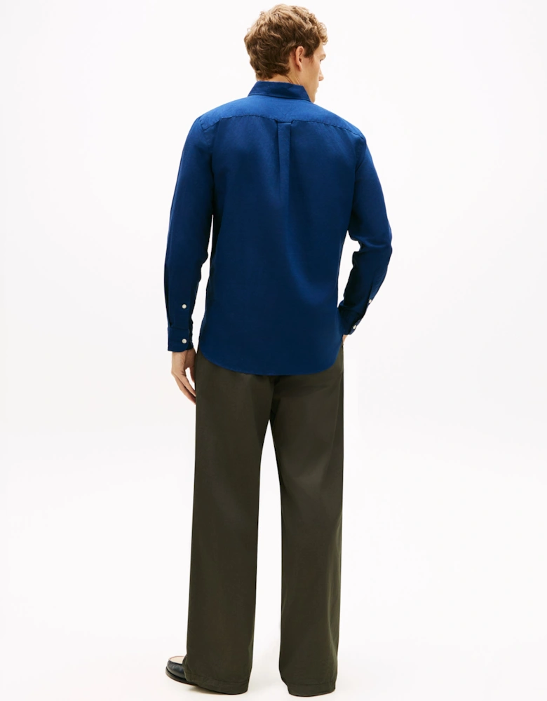 Linen Blend Solid Mens Long Sleeve Shirt - Carbon Navy