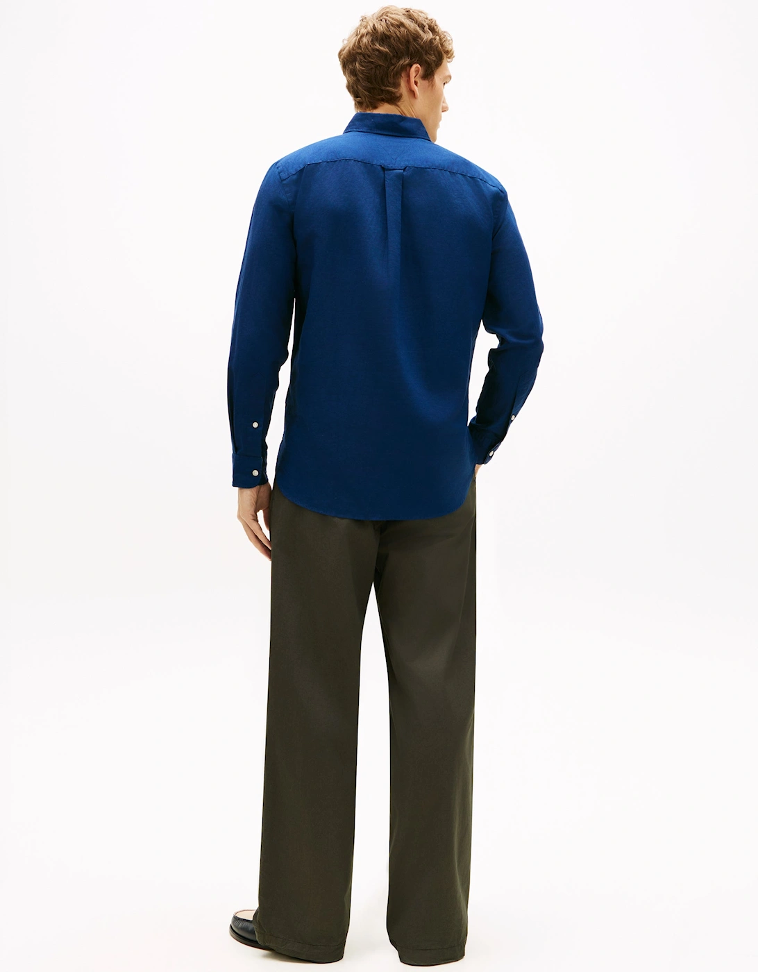 Linen Blend Solid Mens Long Sleeve Shirt - Carbon Navy