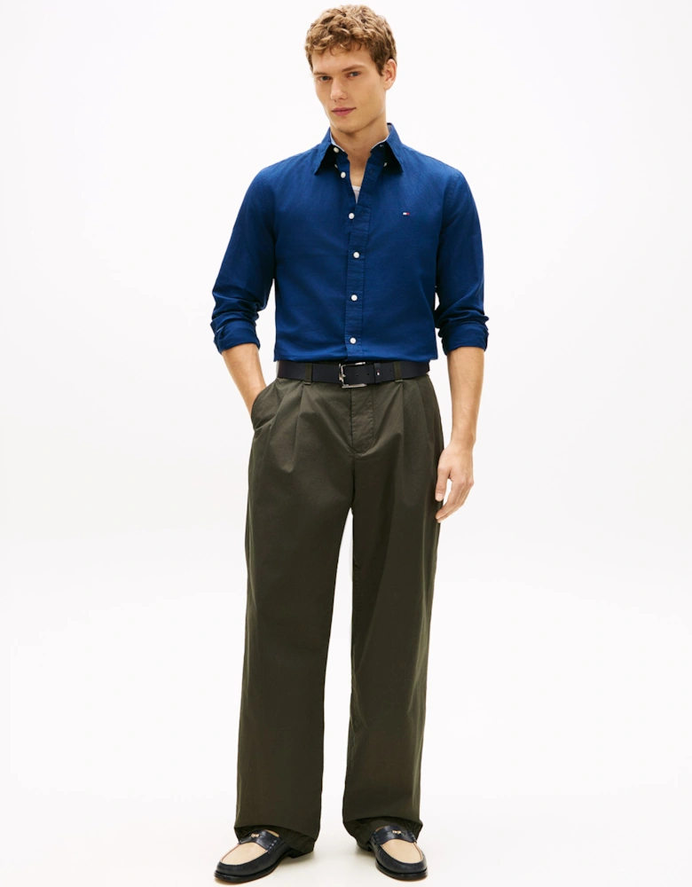 Linen Blend Solid Mens Long Sleeve Shirt - Carbon Navy