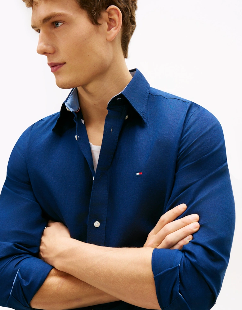 Linen Blend Solid Mens Long Sleeve Shirt - Carbon Navy