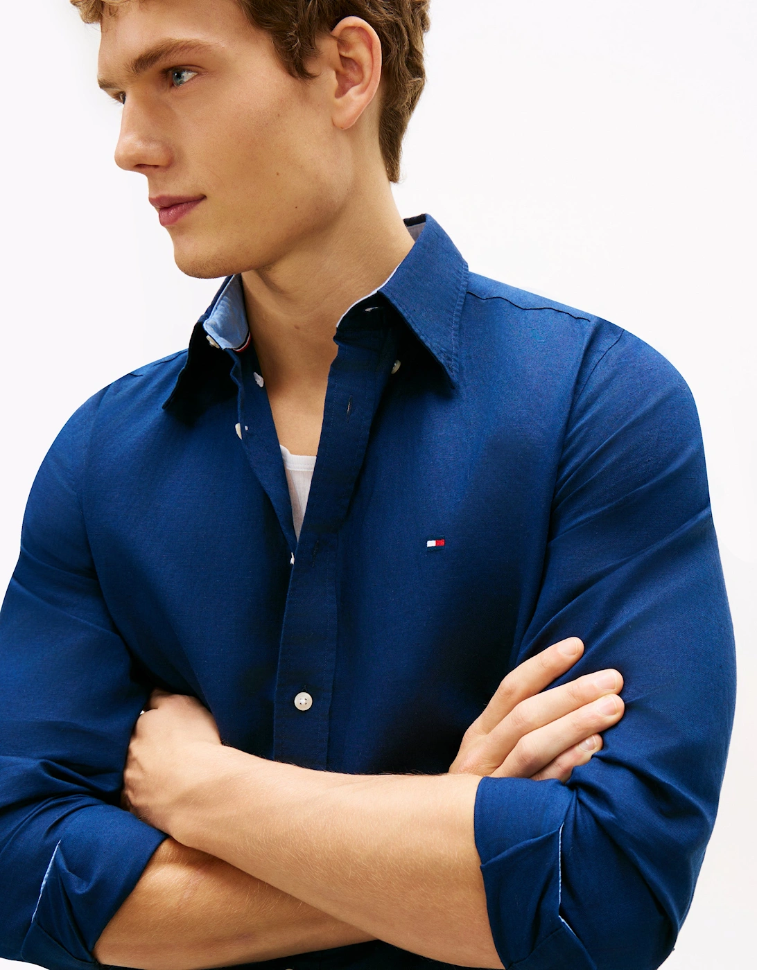 Linen Blend Solid Mens Long Sleeve Shirt - Carbon Navy