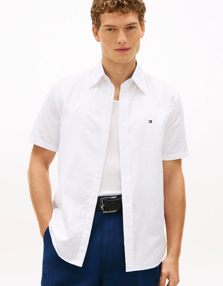 Linen Blend Solid Mens Short Sleeve Shirt - White