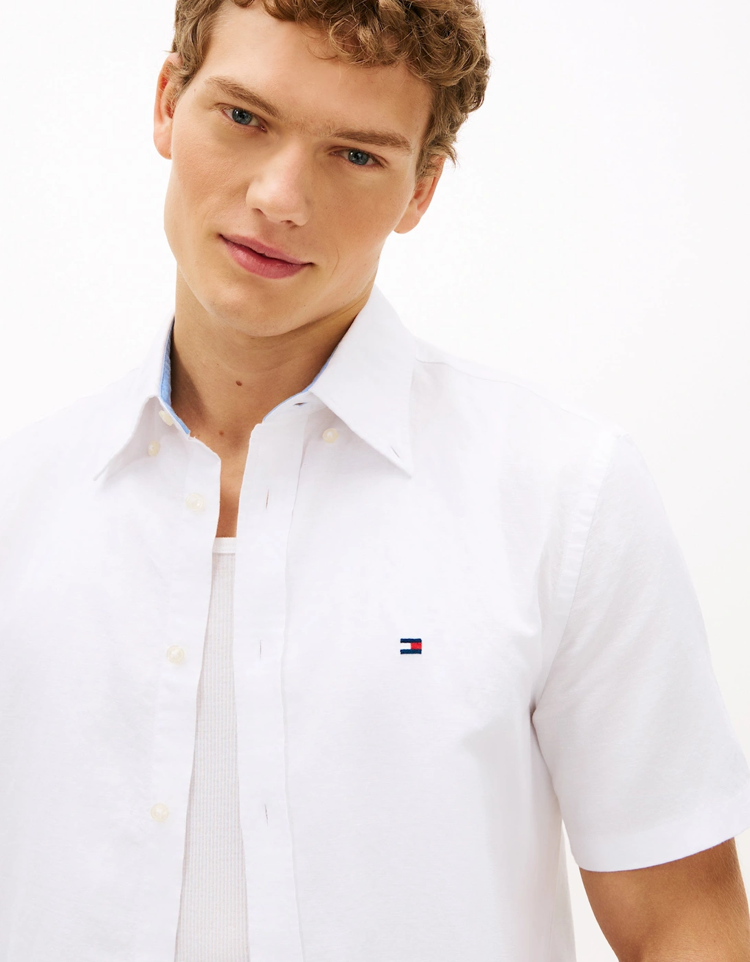 Linen Blend Solid Mens Short Sleeve Shirt - White