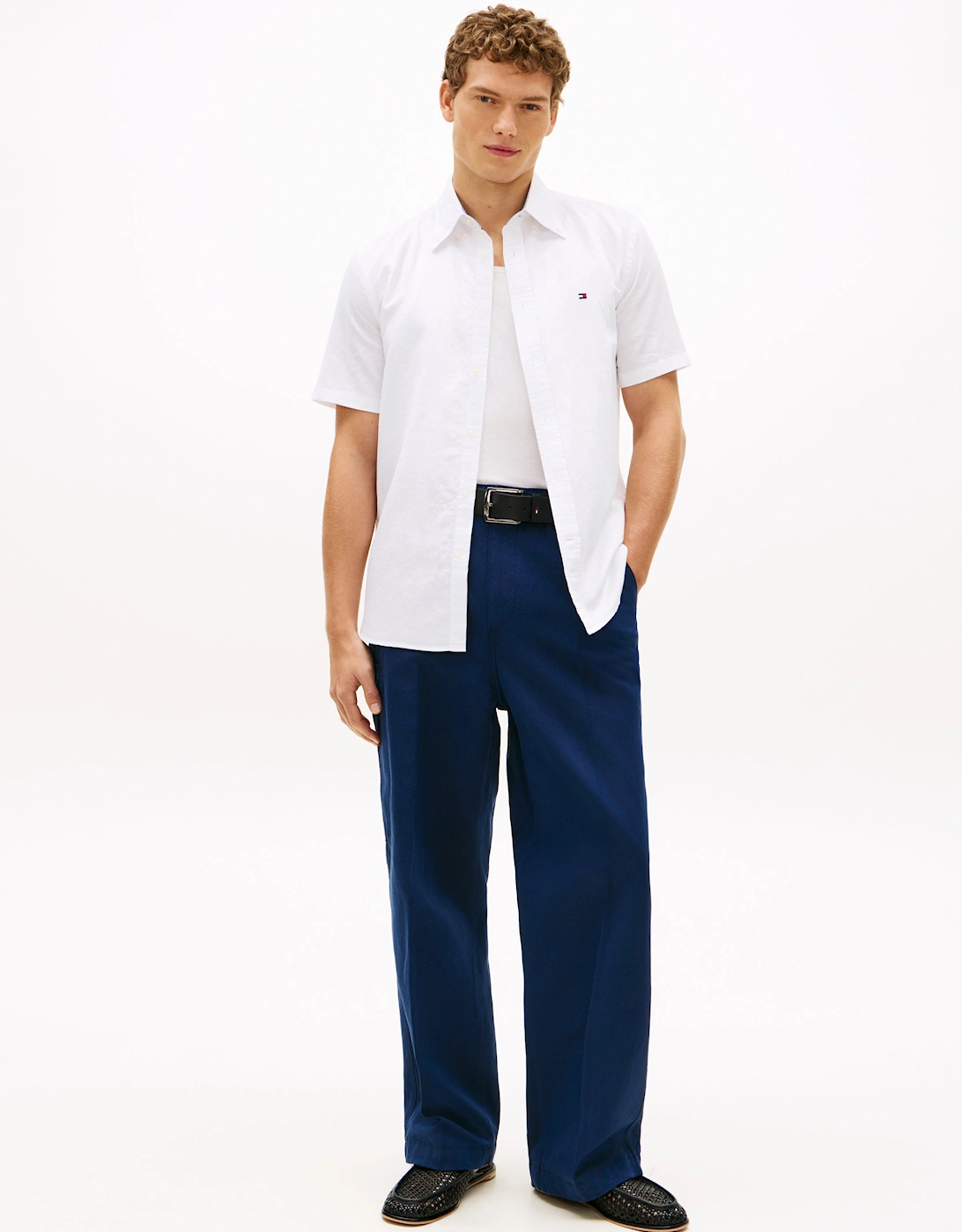 Linen Blend Solid Mens Short Sleeve Shirt - White