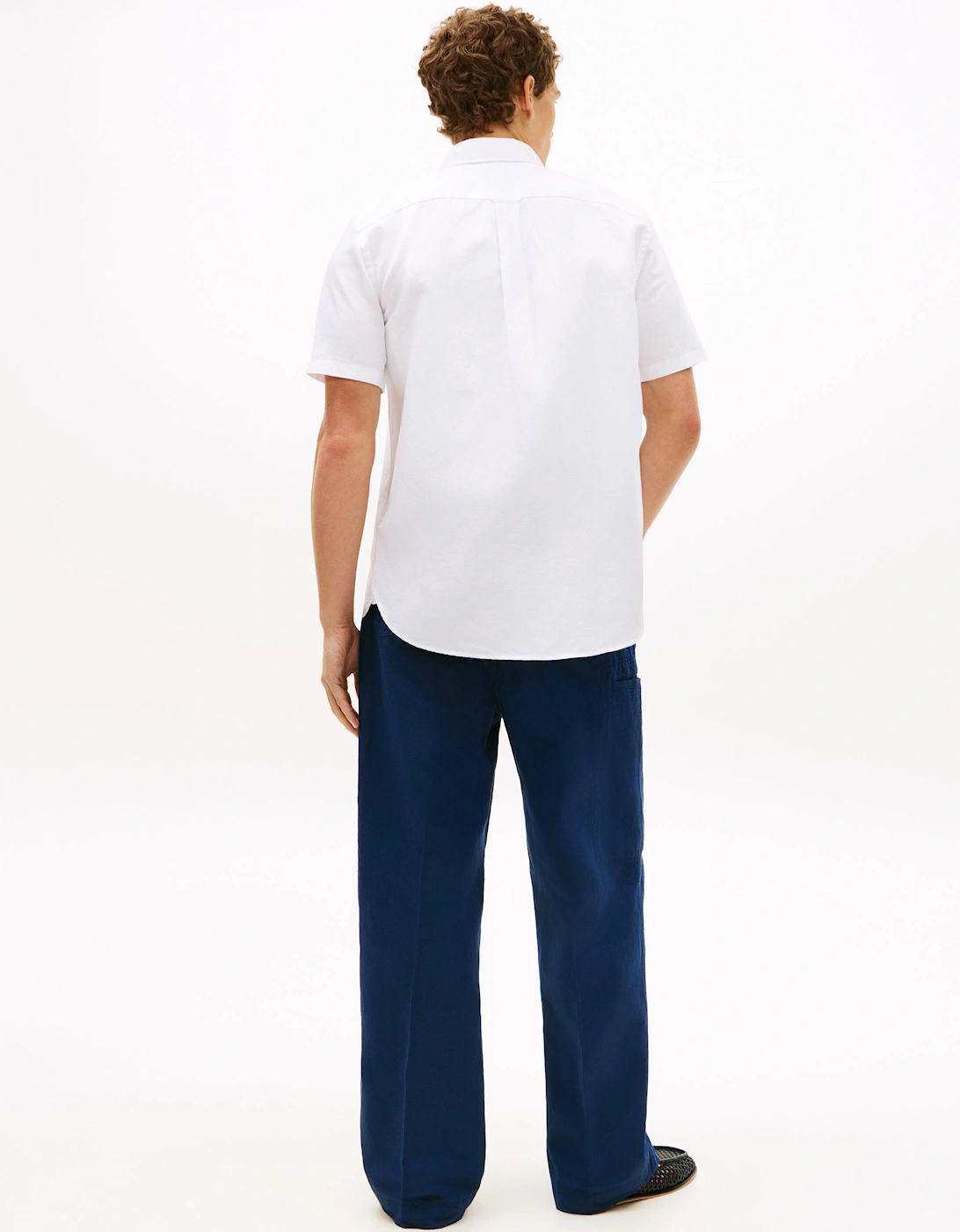 Linen Blend Solid Mens Short Sleeve Shirt - White