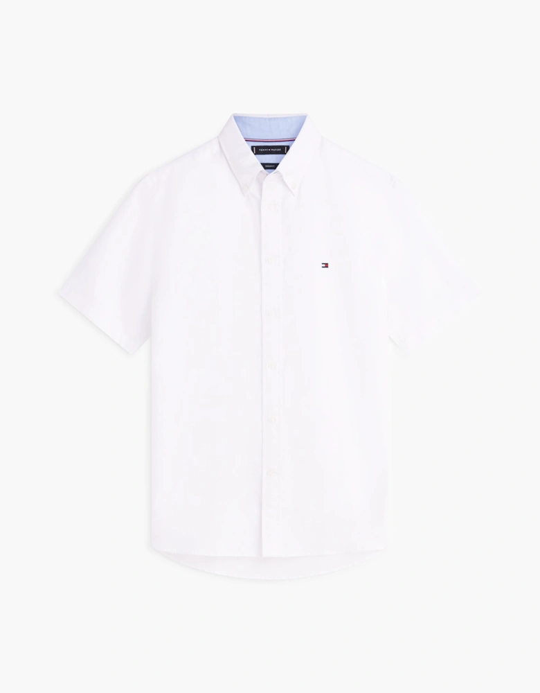 Linen Blend Solid Mens Short Sleeve Shirt - White