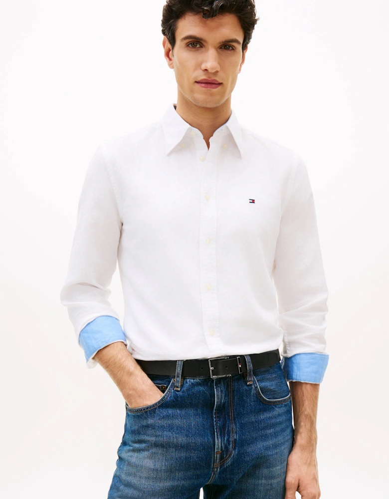 Linen Blend Solid Mens Long Sleeve Shirt - White