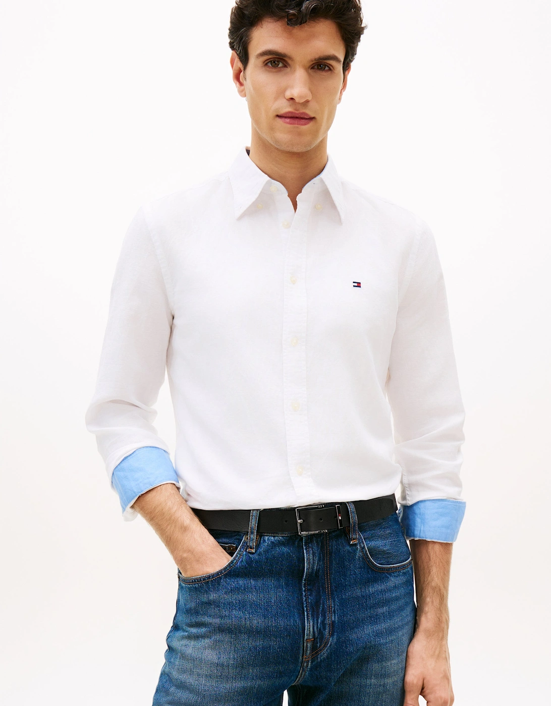 Tommy Hilfiger Men's White Linen Blend Solid Long Sleeve Shirt  42 Xl