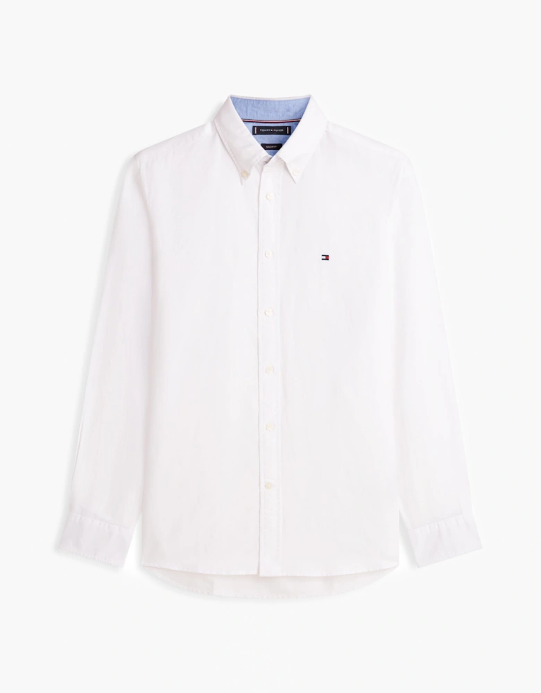 Linen Blend Solid Mens Long Sleeve Shirt - White