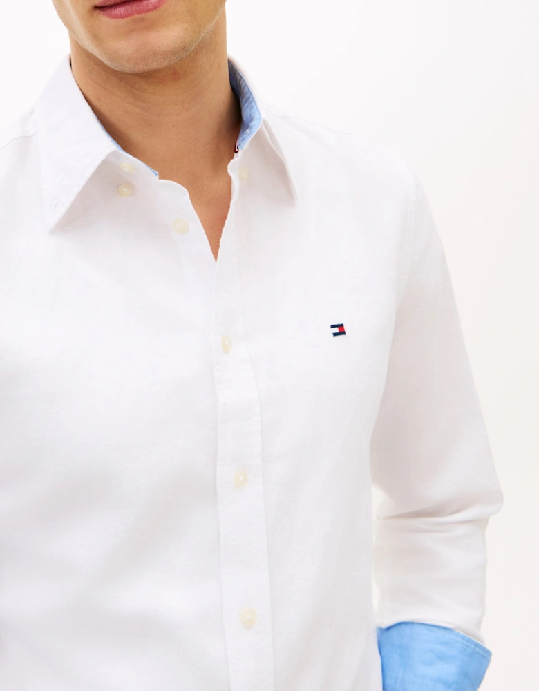 Linen Blend Solid Mens Long Sleeve Shirt - White