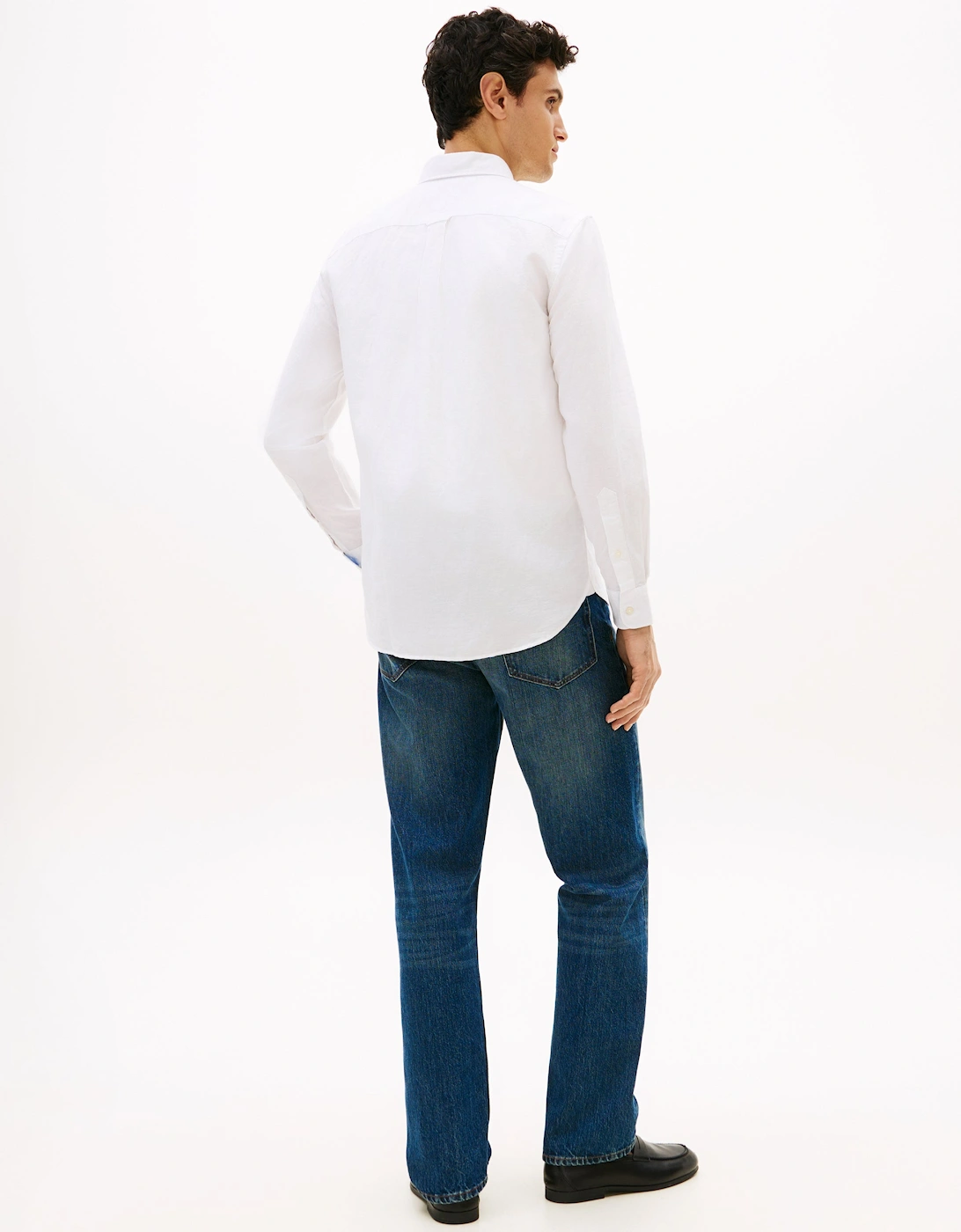 Linen Blend Solid Mens Long Sleeve Shirt - White