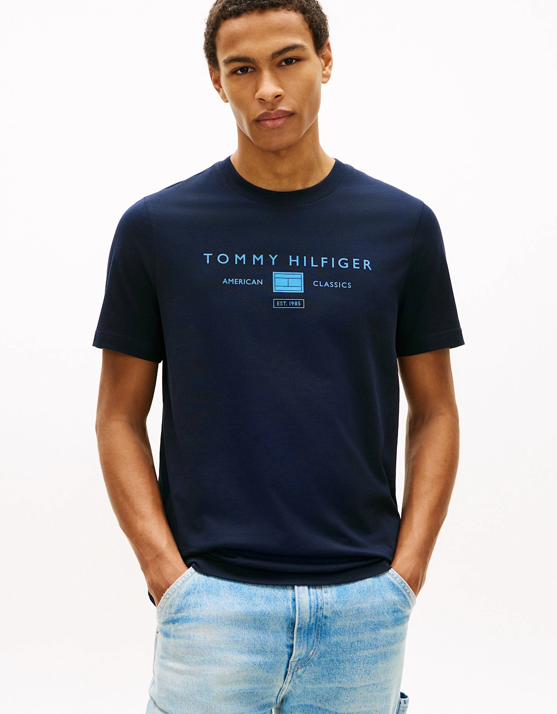Tommy Hilfiger Men's Blue/Black Brand Love Mono Stack T-Shirt - Desert Sky  38/Regular M